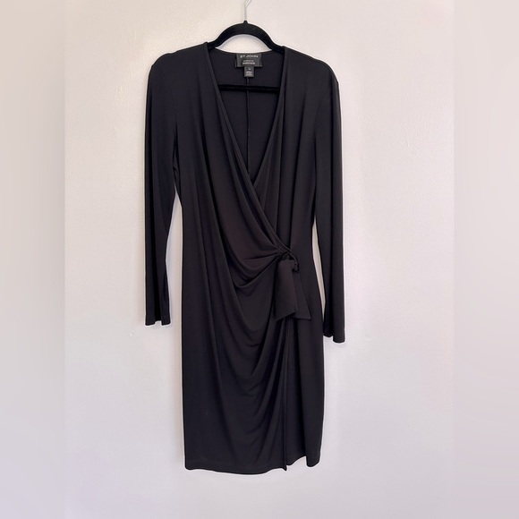 St John Acetate Faux Wrap Long Sleeve Dress in Caviar Black sz 12 - Picture 1 of 5